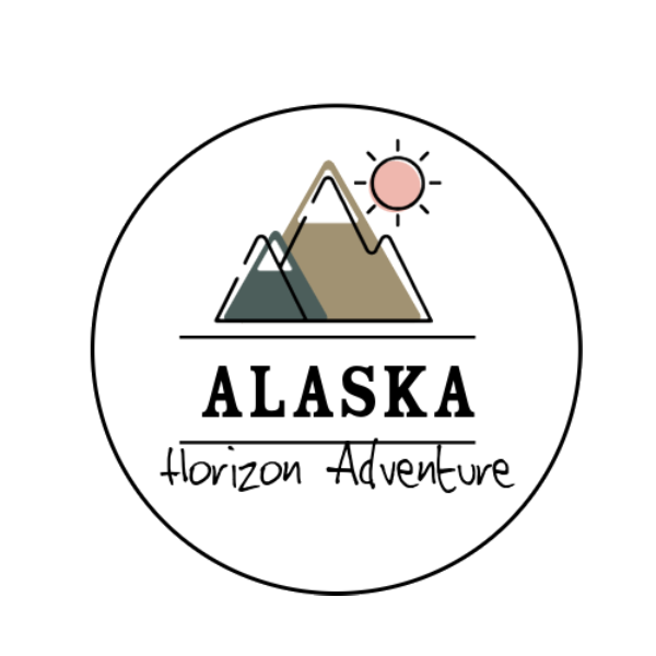 Circular logo with mountains, sun, and text 'Alaska Horizon Adventure'.